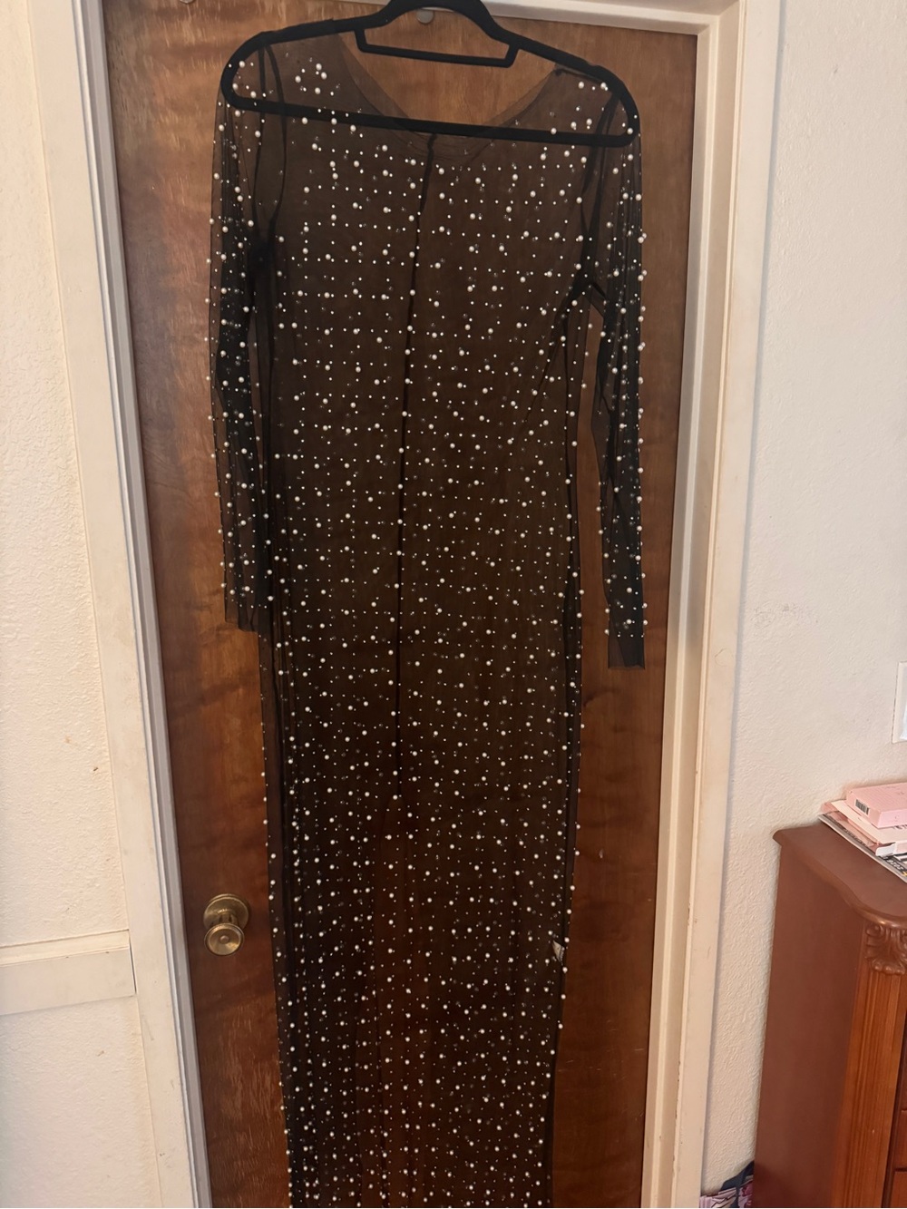 Sheer Long Sleeve Black Maxi Dress with Sparkle Detail